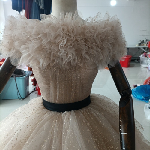 カラードレスシャンパン色 ソフトチュール ロングトレーン 取り外し  