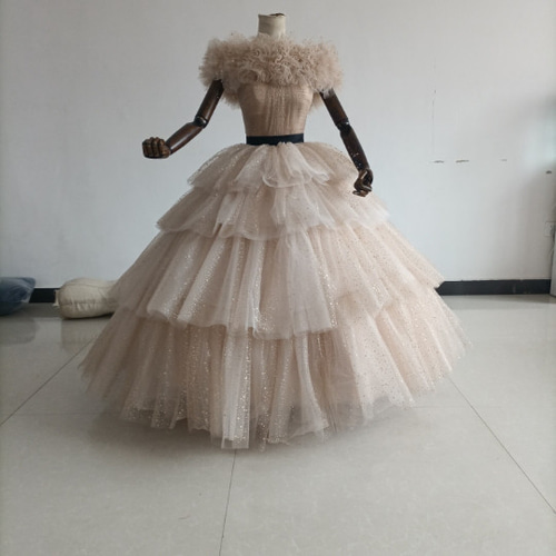 カラードレスシャンパン色 ソフトチュール ロングトレーン 取り外し  