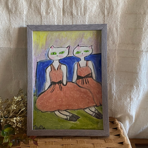 絵画 。原画【休憩室でバレエを踊る2匹の美しい白猫ちゃん】 絵画 