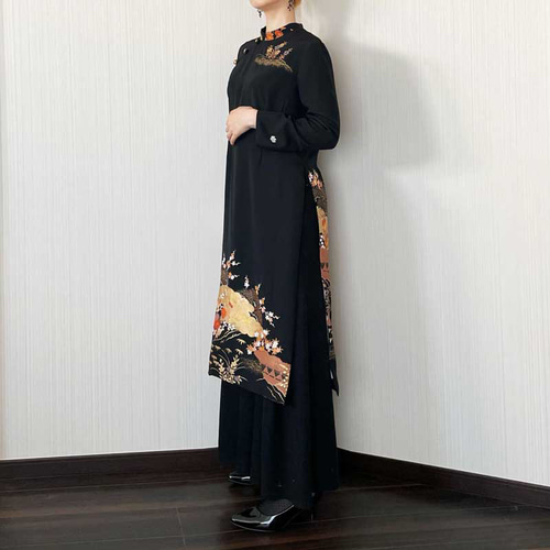 アオザイ 風 スリット ワンピース 【 着物リメイク 】 ゴールド * 刺繍