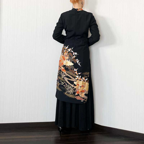 アオザイ 風 スリット ワンピース 【 着物リメイク 】 ゴールド * 刺繍