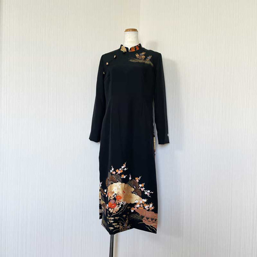 アオザイ 風 スリット ワンピース 【 着物リメイク 】 ゴールド * 刺繍