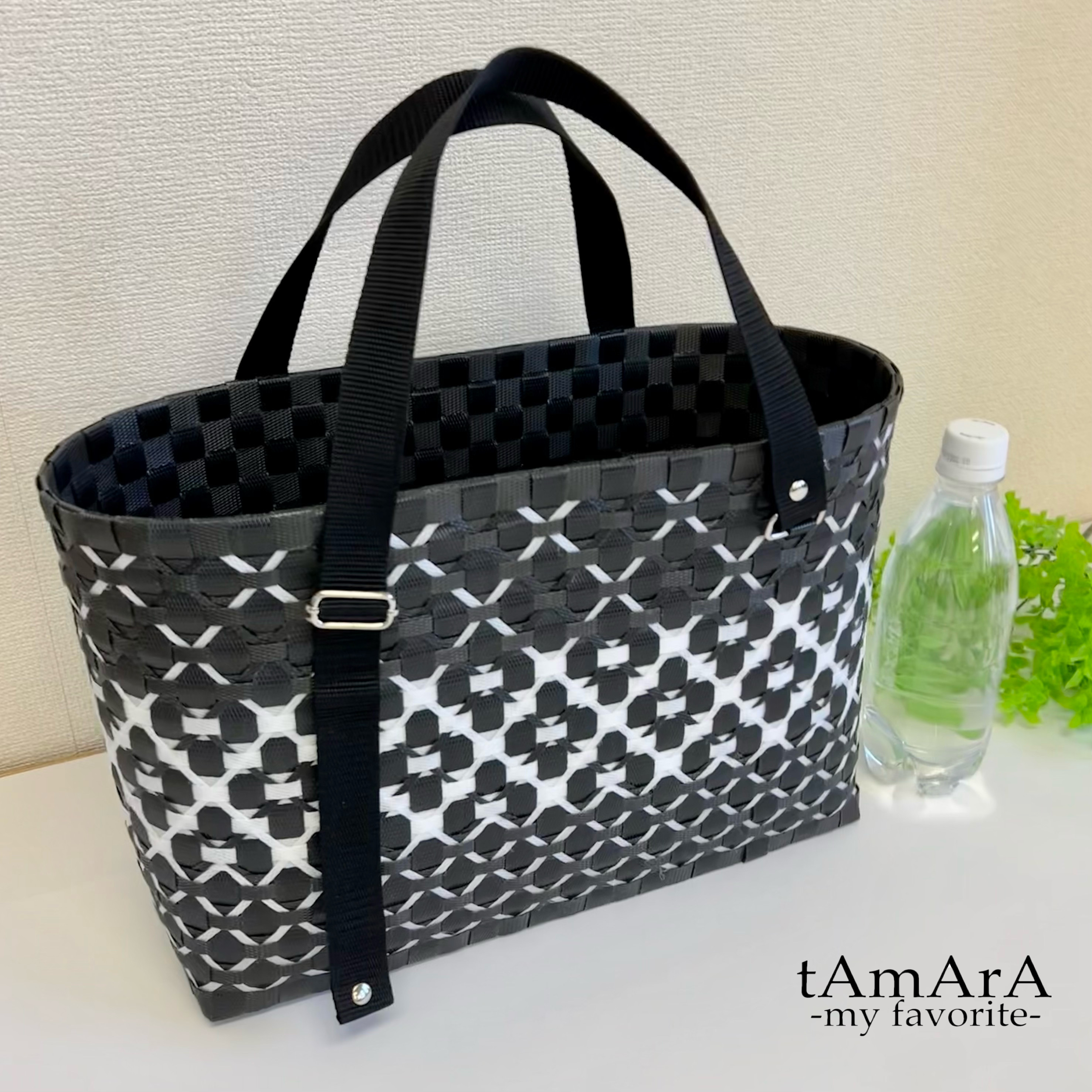 【受注製作】プラカゴ　Lサイズ/A4　L-560　黒*白　3way　プラカゴバッグ　マルシェ　ピクニック　キャンプ　雨の