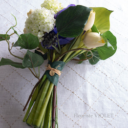 【ウェディングブーケ】  アネモネとグリーンカラーのフレッシュなアートフラワーウェディングブーケ　結婚式　海外挙式　造花 4枚目の画像