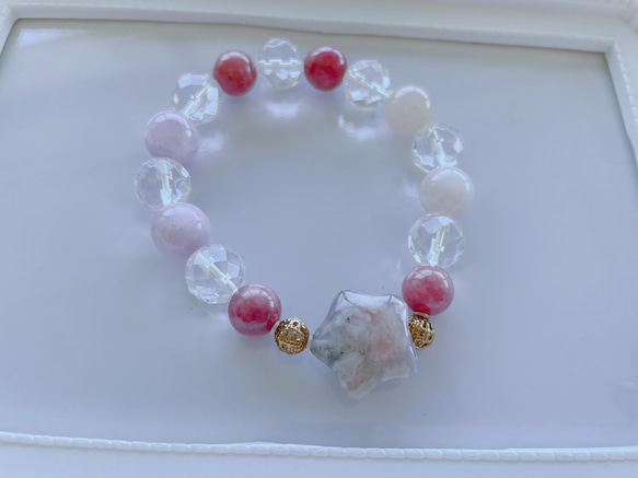 天然石ブレスレット「星型の桜メノウ」とキーホルダー 4枚目の画像