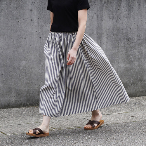 播州織】綿麻 ギャザースカート（ストライプ）リネン 麻 ロング マキシ