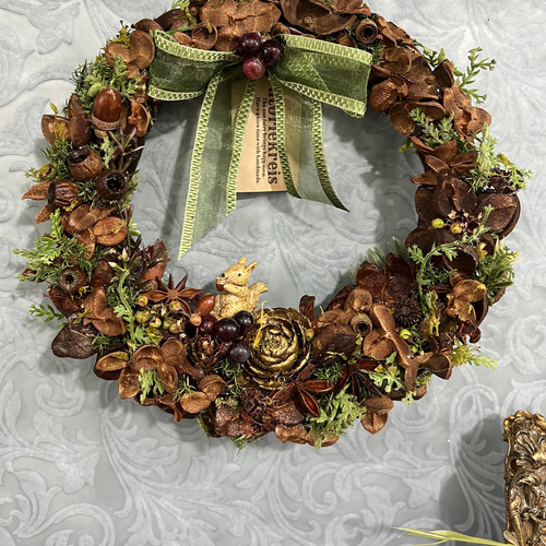 木の実のナチュラルリース 椿 サザンカ クリスマスギフト 木の実リース