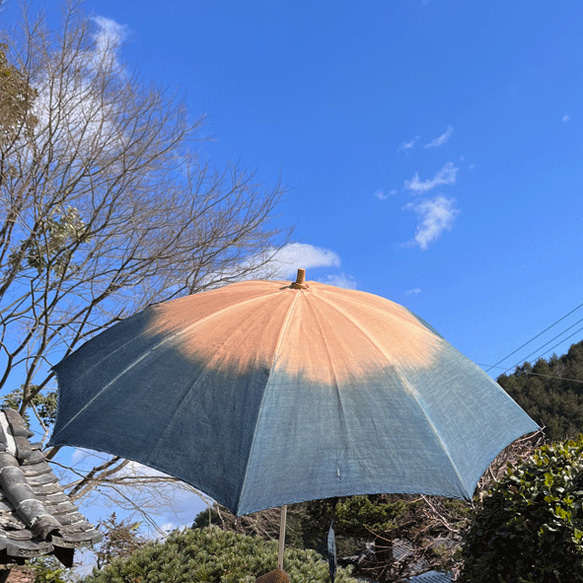 藍と柿渋重ね染め　折りたたみ日傘23024 2枚目の画像