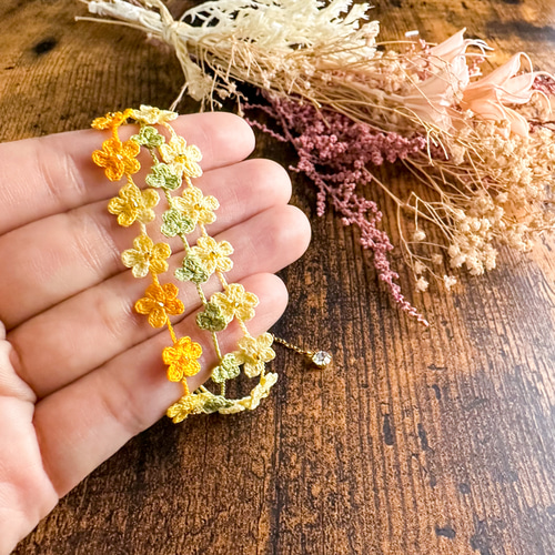 イエロー 小さなお花畑 ブレスレット レース編み フラワー