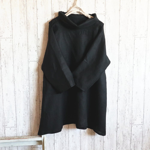 dept majotae 完売品 リネン チュニック ブラック M～6L/4サイズ展開/リネン6色】ゆったりオフタートル