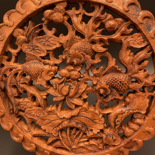 金魚戯水 21cm アンティーク調 （金魚・蓮・水草) 参次元彫刻 その他