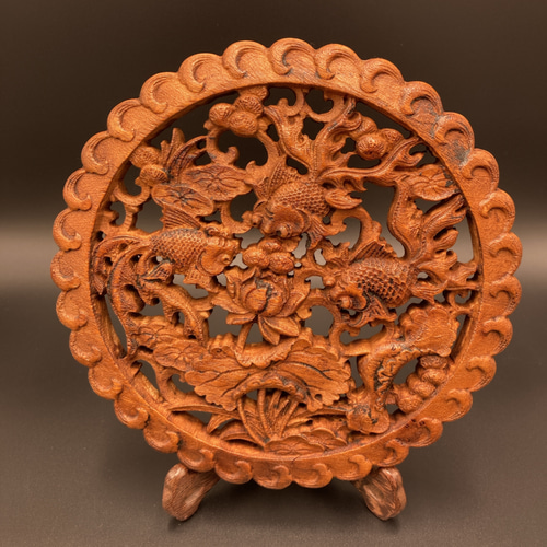 金魚戯水 21cm アンティーク調 （金魚・蓮・水草) 参次元彫刻 その他