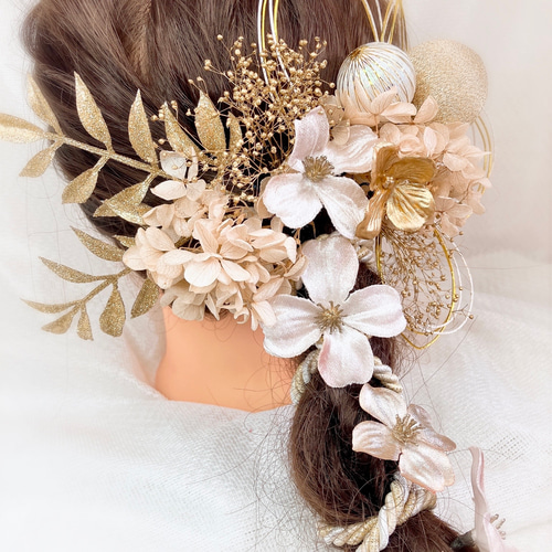 シャンパン ゴールド髪飾り ピンク 成人式 髪飾り 結婚式 着物 袴 和装