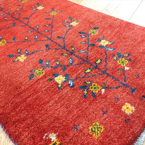 ペルシャ ギャッベ 玄関マット 90x66cm 茜色 生命の木 花 カーペット