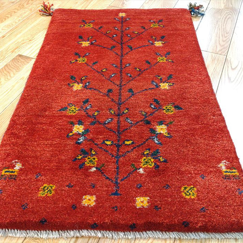 ペルシャ　ギャッベ 玄関　90×62 茜色　生命の木　葉 ペルシャ ギャッベ 玄関マット 90x66cm 茜色 生命の木 花 カーペット