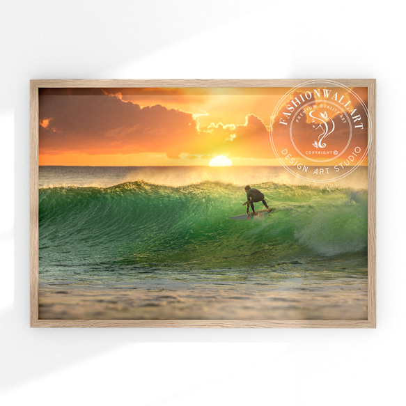 アートポスター サーフィン 夕陽 エメラルドグリーン 波 海 アクティブ