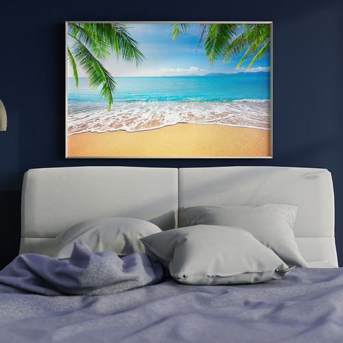 アートポスター 楽園ビーチ ターコイズブルーの海と白い砂浜 ヤシの葉
