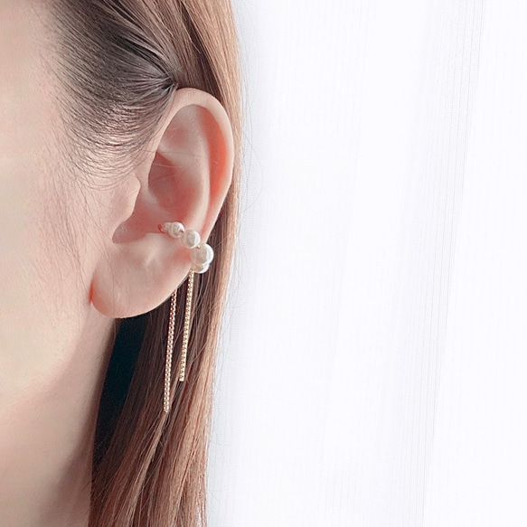 シルバー登場！\大人気/ 片耳♡パール×ダブルチェーンイヤーカフ 5枚目の画像