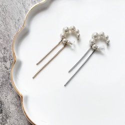 シルバー登場！\大人気/ 片耳♡パール×ダブルチェーンイヤーカフ 3枚目の画像