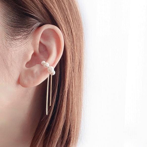 シルバー登場！\大人気/ 片耳♡パール×ダブルチェーンイヤーカフ