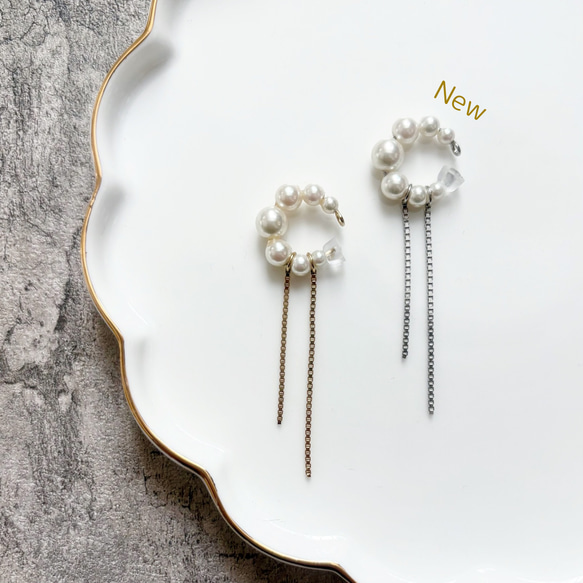 シルバー登場！\大人気/ 片耳♡パール×ダブルチェーンイヤーカフ 2枚目の画像