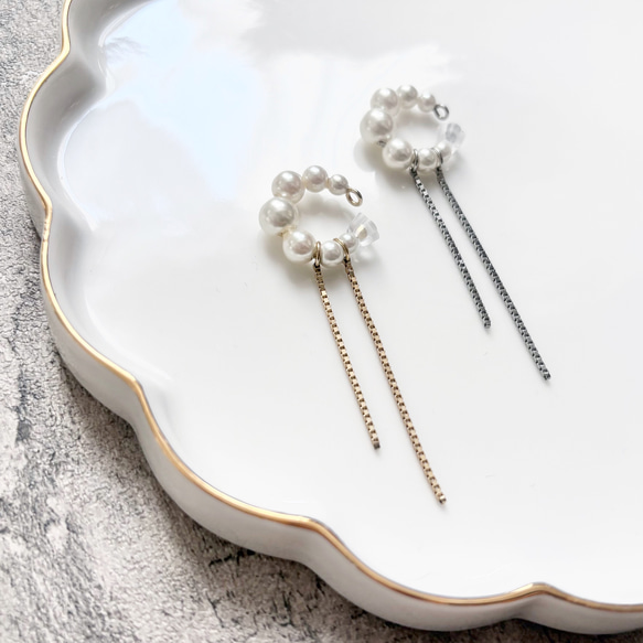 シルバー登場！\大人気/ 片耳♡パール×ダブルチェーンイヤーカフ 4枚目の画像