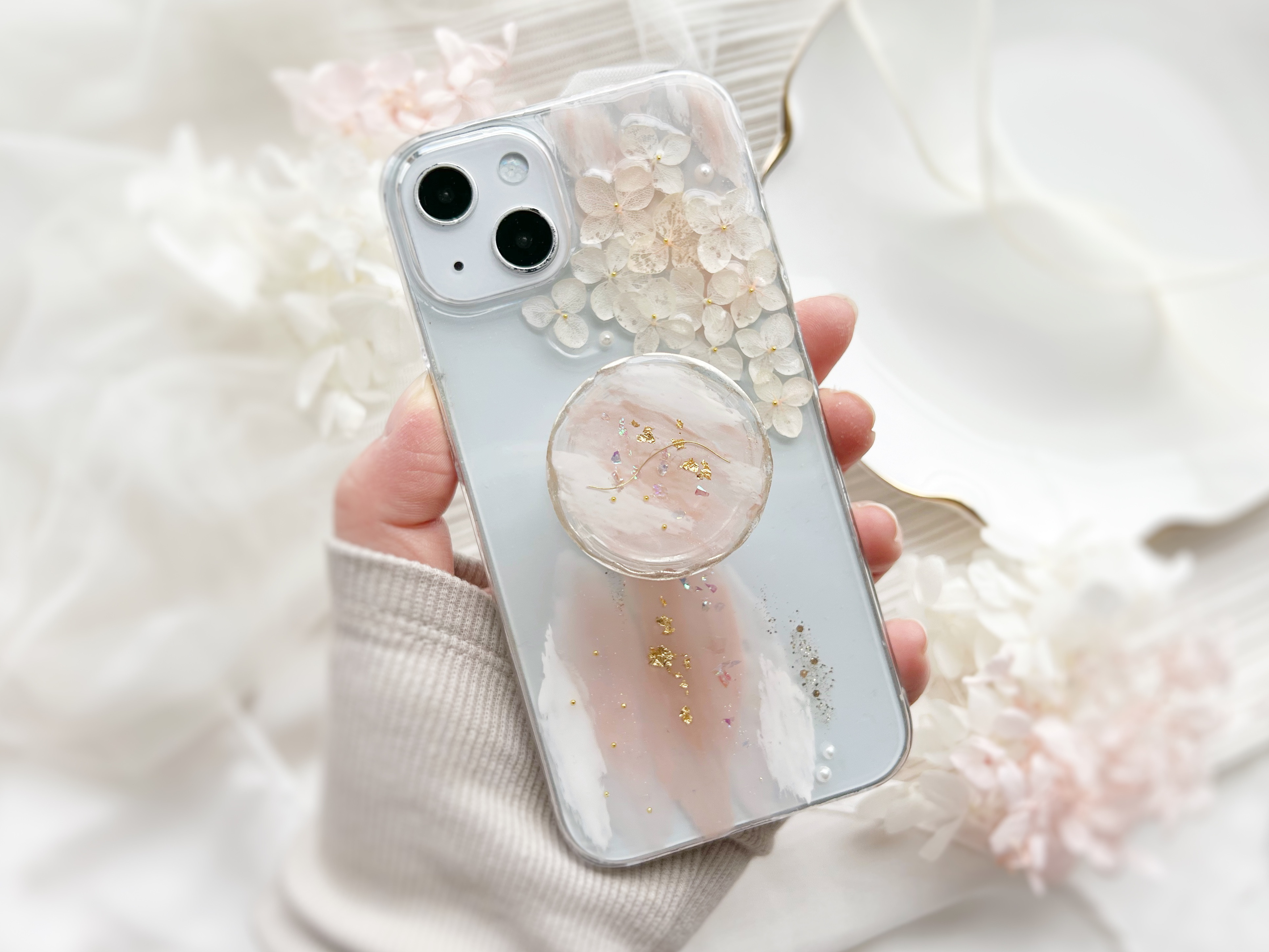 すみれページ★押し花ケース 4色 押し花 クリアケース 花 レジン スマホケース 全機種対応