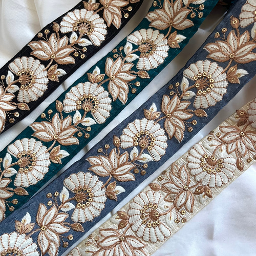 50cm】インド刺繍リボン ブルーグレー シルク SS555 リボン・テープ