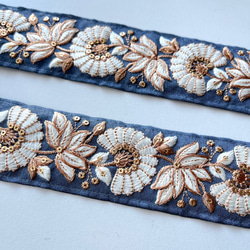 【50cm】インド刺繍リボン　ブルーグレー　シルク　SS555 4枚目の画像