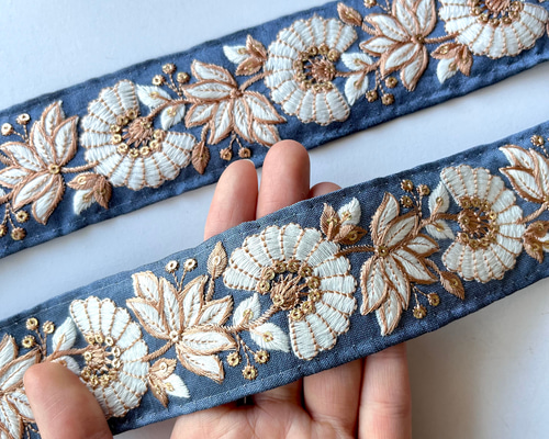 50cm インド刺繍リボン シルク 鳥柄 #ws16 リボン・テープ La