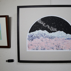 桜と星と鹿島槍　　　　北アルプス　登山口　大町山岳博物館　絵画　水彩画　春　銀河 6枚目の画像