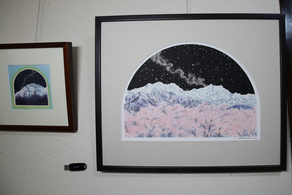 桜と星と鹿島槍　　　　北アルプス　登山口　大町山岳博物館　絵画　水彩画　春　銀河 6枚目の画像