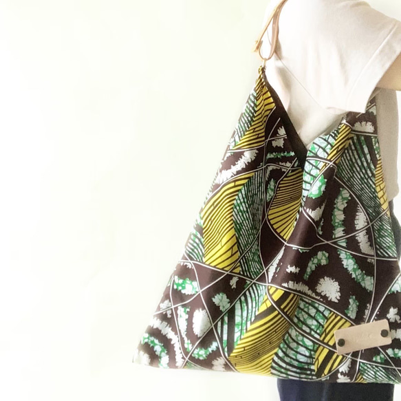 ［Epidote]African print × Real leather Folding bag/blue&brown 7枚目の画像