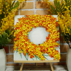 油絵 原画「幸せを呼ぶミモザの輪」ミモザ リース 絵画 花 インテリア
