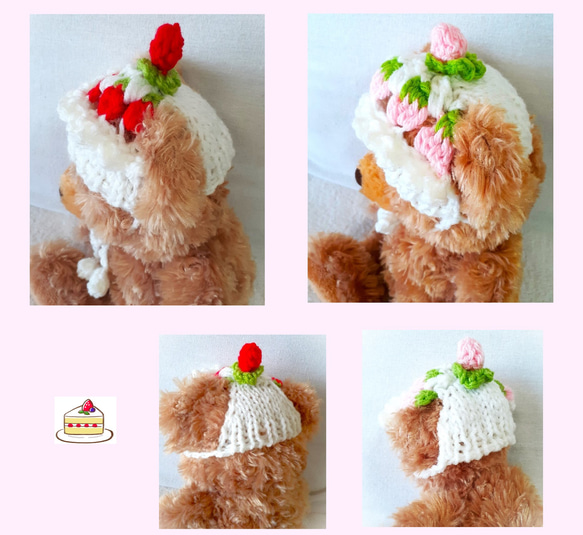 犬服  【新作】小型犬 猫  耳が出るイチゴのショートケーキ帽子／白　送料無料 igc01 4枚目の画像