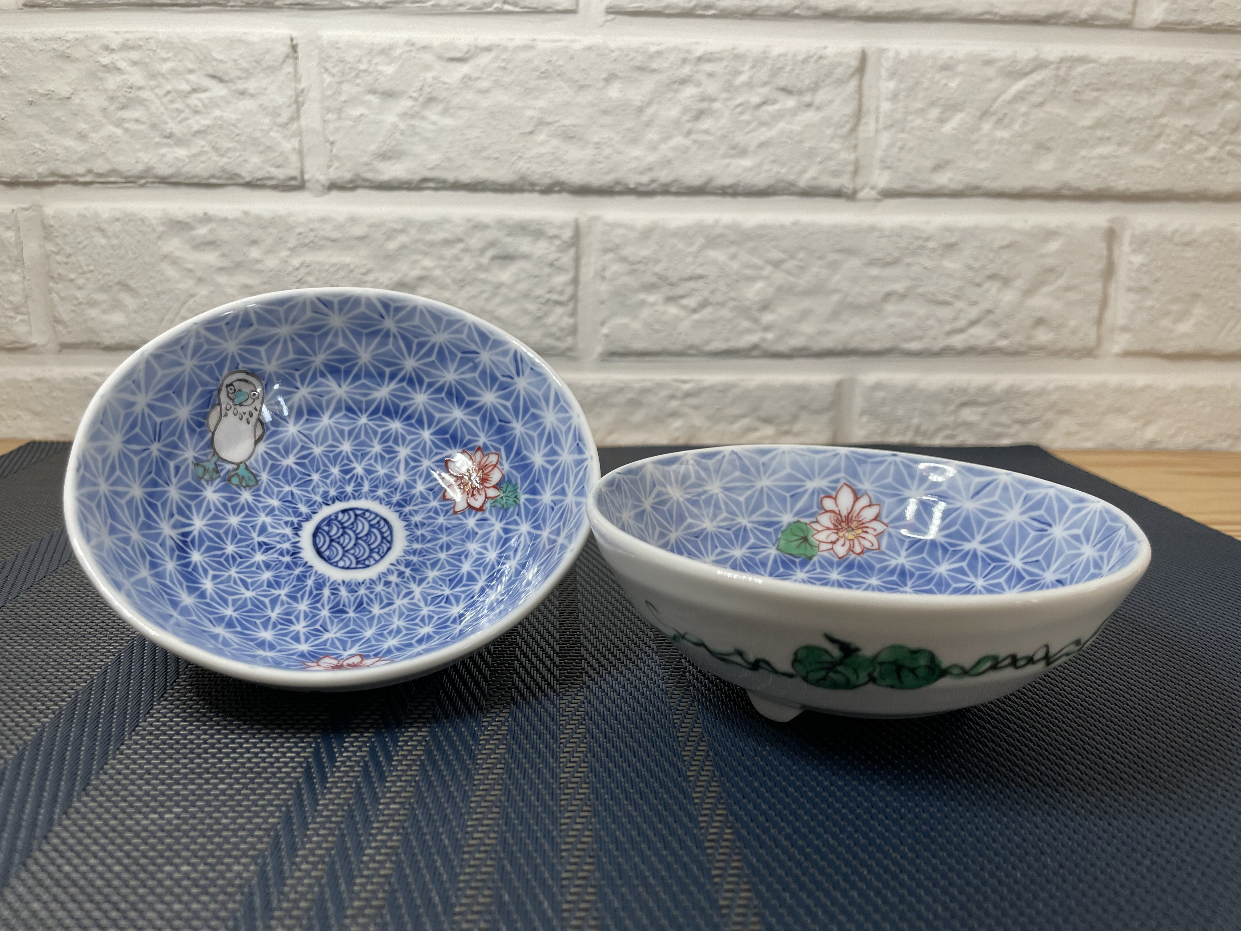 手描き磁器小鉢『アオアシカツオドリと月下美人』