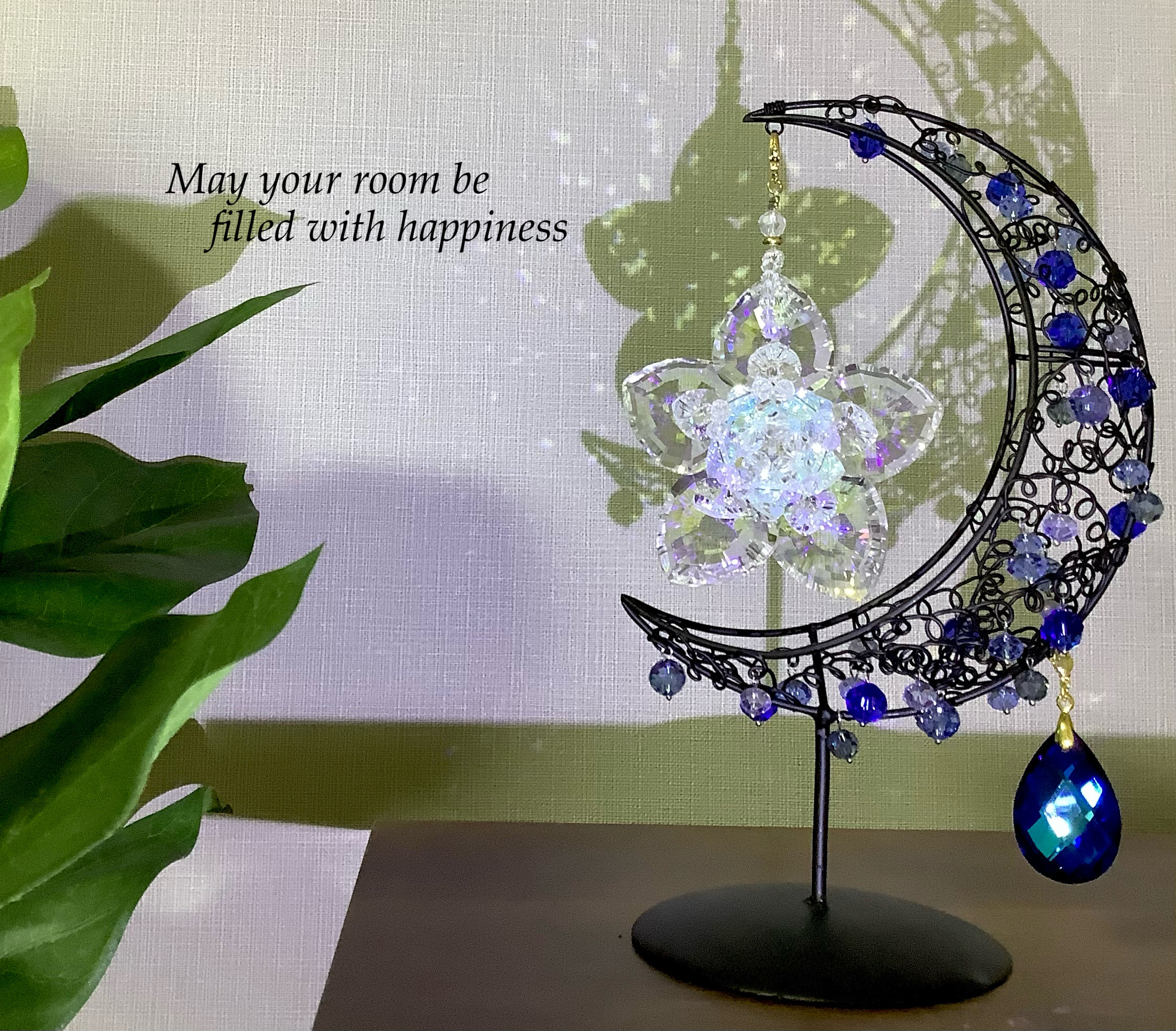 高品質　ブルーフラワーアゲート　ブルー桜瑪瑙　月　ムーン　スタンド付き