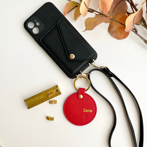 匿名配送対応【刻印オリジナル作成】丸型本革キーホルダー 全19色