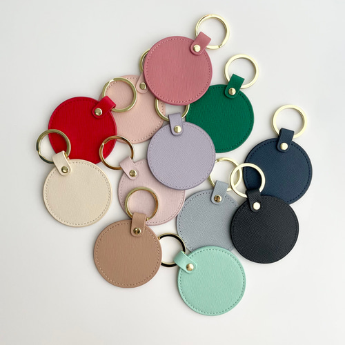 匿名配送対応【刻印オリジナル作成】丸型本革キーホルダー 全19色