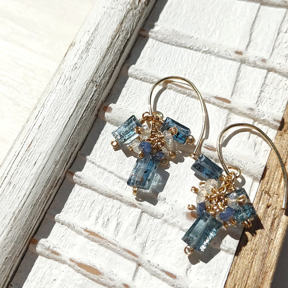 ❁Ocean＆Ice earrings All 14kgf❁稀少なティールブルーカイヤナイト 7枚目の画像
