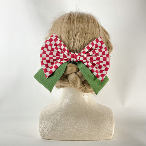 和風 髪飾り リボン 大正ロマン風 市松模様 緑 赤 紫 オレンジ 袴 卒業  
