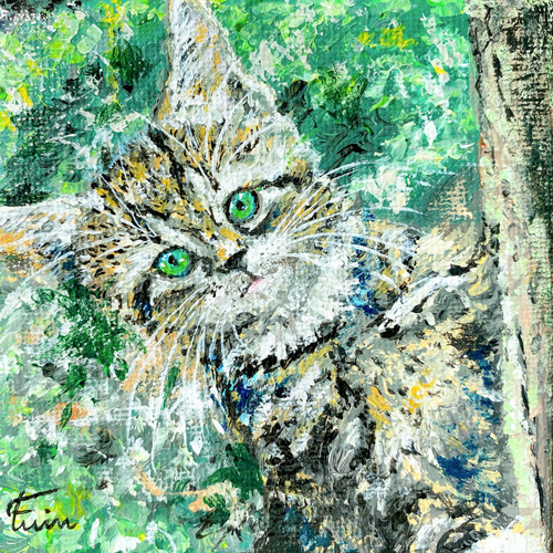 猫の絵 絵画 原画 油絵風アクリル画 ハンドメイド painting - 絵画