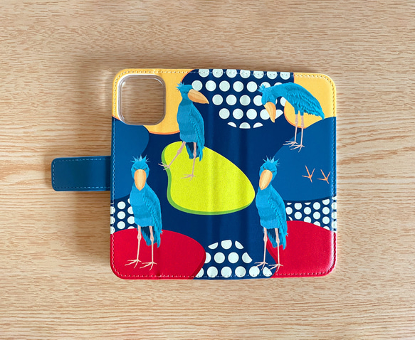 【受注製作品】ハシビロコウのiPhoneケース《Android対応》手帳型スマホケース 名入れ 動物 可愛い おしゃれ 2枚目の画像