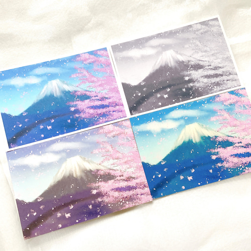 春を祝う富士山】4枚セット ポストカード イラスト 桜 青空