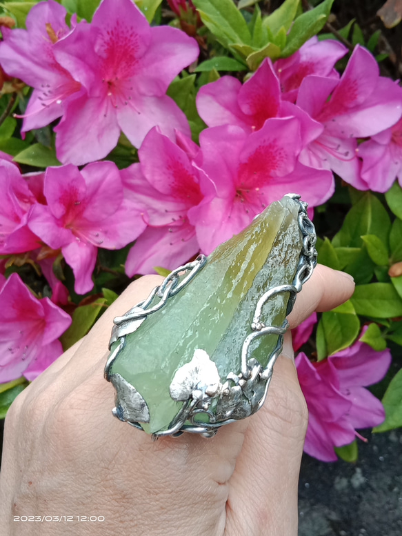 方解石原礦手工銀戒 純銀戒指~ 「一抹綠 」~Green Calcite Mineral Silver Ring 第19張的照片