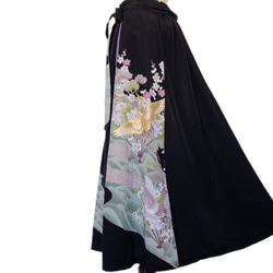 上質黒留袖 差し色ロングスカート フレア ウエストゴム 衣装 結婚式 着物リメイク フリー 黒 紫（A1208） 11枚目の画像