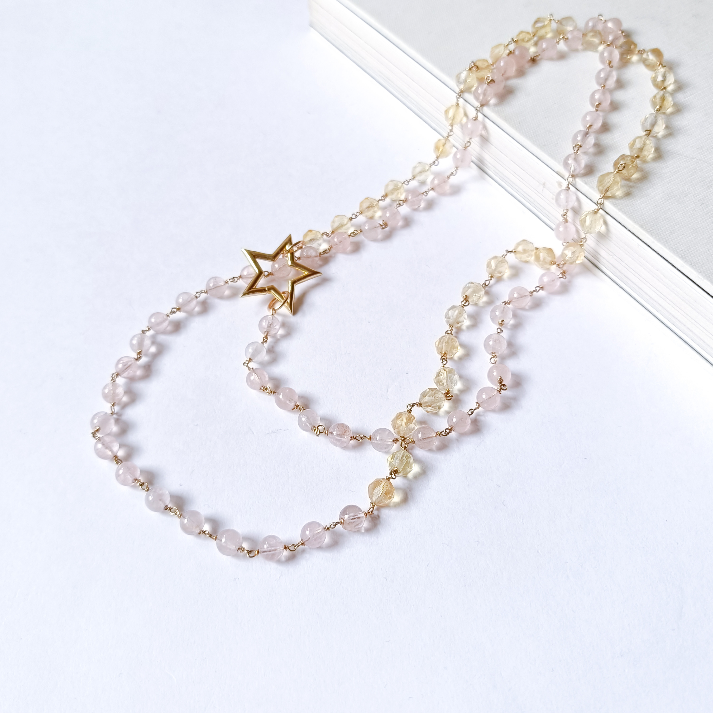 モルガナイト × シトリン (天然水晶) × 10kgf の ロングネックレス　100cm　4月誕生石