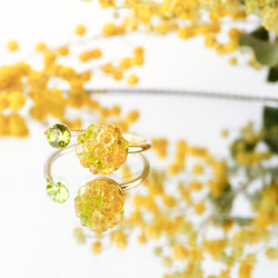 《ガラス》ミモザのフォークリング 指輪 ミモザ 金平糖 フリーサイズ ガラス イエロー 春　花 2枚目の画像
