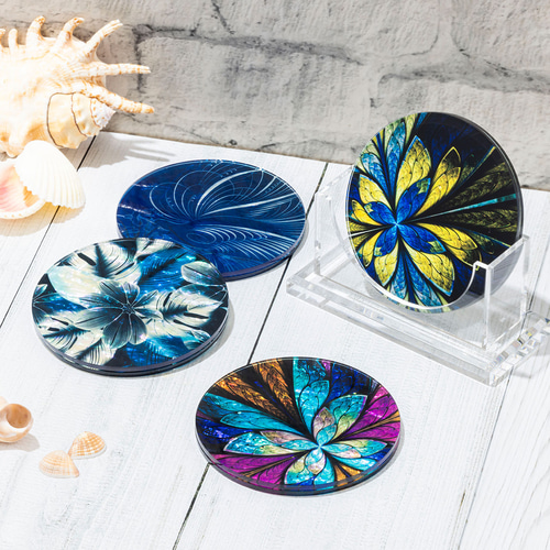 天然貝螺鈿アートコースター☆夜明けシリーズ【4枚セット/収納ケース