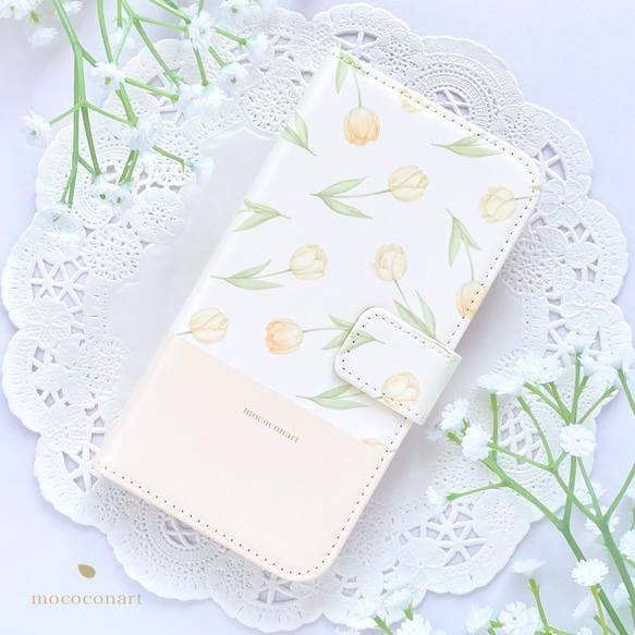 チューリップ柄コーラルピンク 手帳型スマホケース iPhone Android アンドロイド 全機種対応 花柄バイカラー 1枚目の画像
